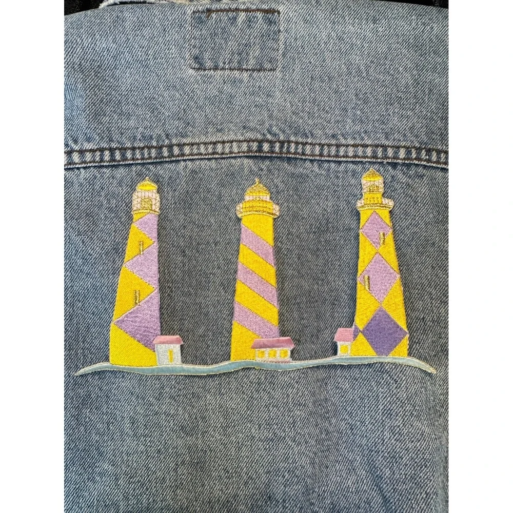 Lighthouse Trio iron On Patch Embroidered Pastel Yellow Pink Coastal Nautical